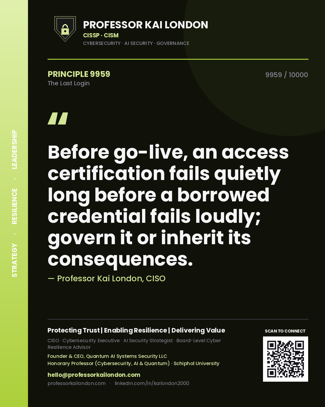 Quote card by Professor Kai London reading 'Before go-live, an access certification fails quietly long before a borrowed credential fails loudly; govern it or inherit its consequences.'. From the book The Last Login.