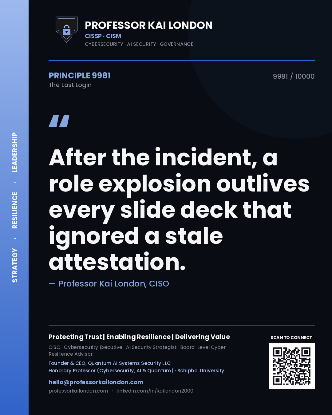 Quote card by Professor Kai London reading 'After the incident, a role explosion outlives every slide deck that ignored a stale attestation.'. From the book The Last Login.