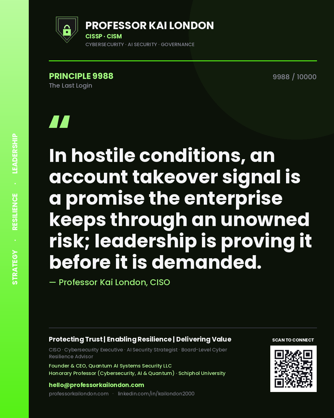 Quote card by Professor Kai London reading 'In hostile conditions, an account takeover signal is a promise the enterprise keeps through an unowned risk; leadership is proving it before it is demanded.'. From the book The Last Login.