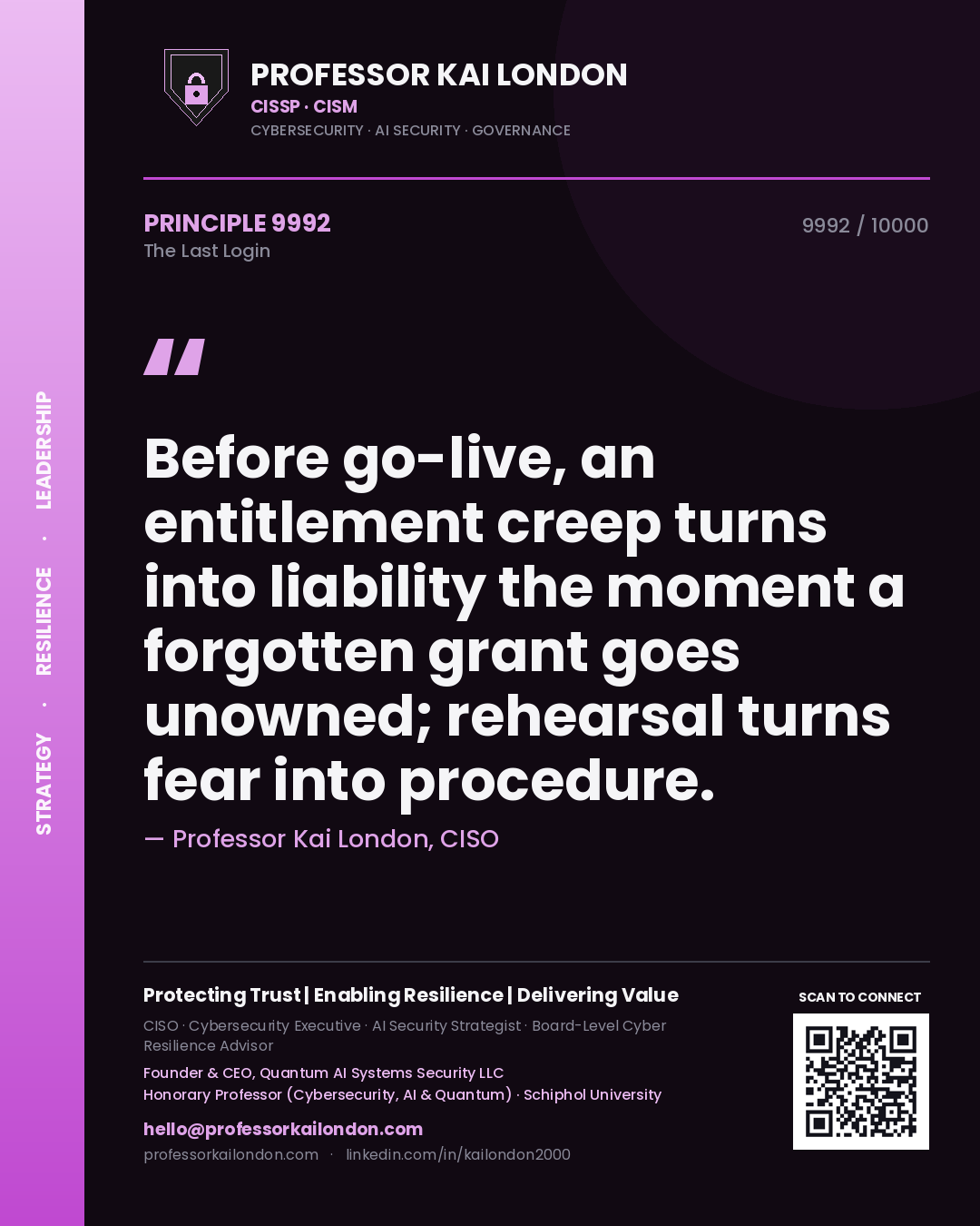 Professor Kai London principle 9992: Before go-live, an entitlement creep turns into liability the moment a forgotten grant goes unowned; rehearsal turns fear into procedure.