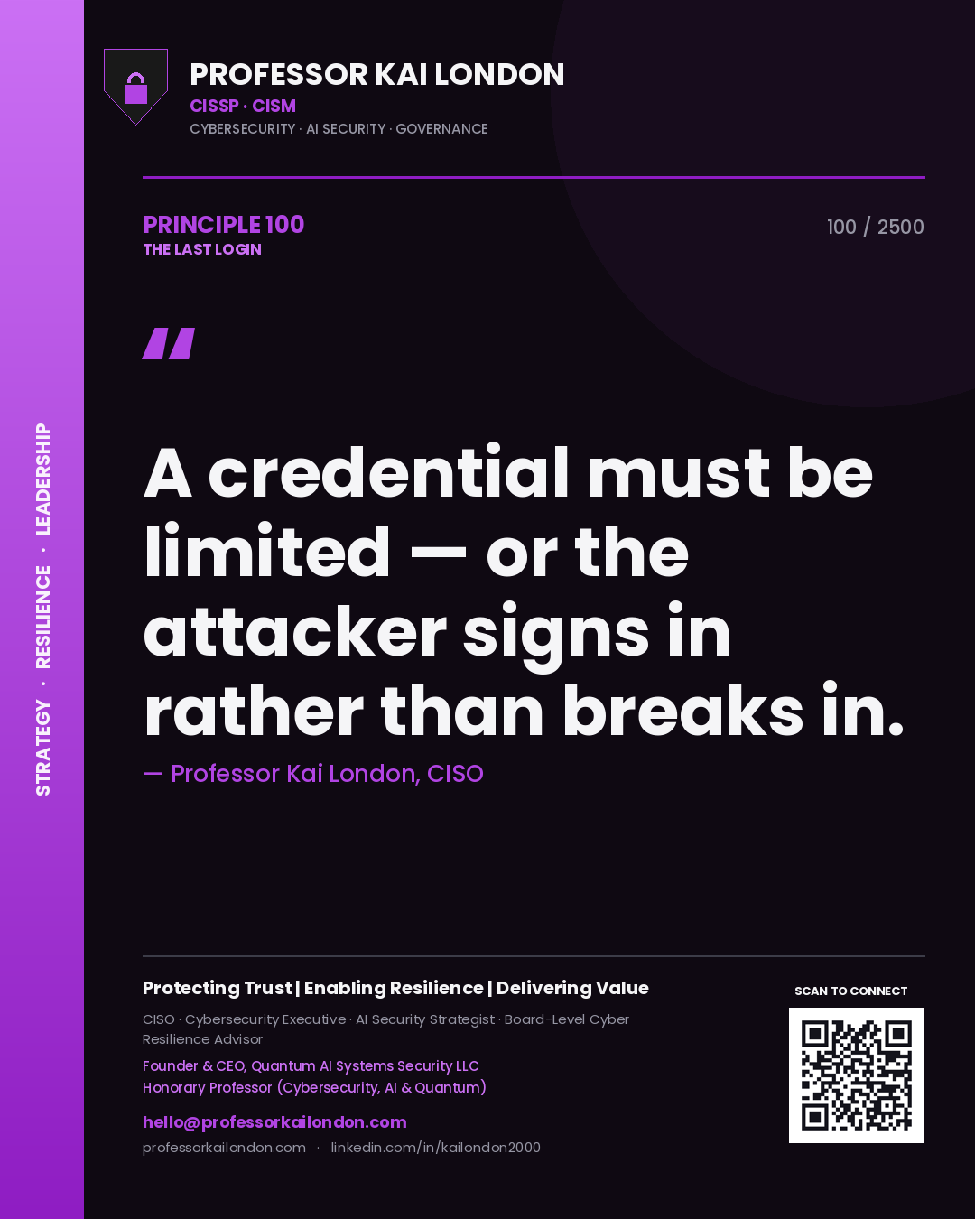 Professor Kai London principle 100: A credential must be limited — or the attacker signs in rather than breaks in.