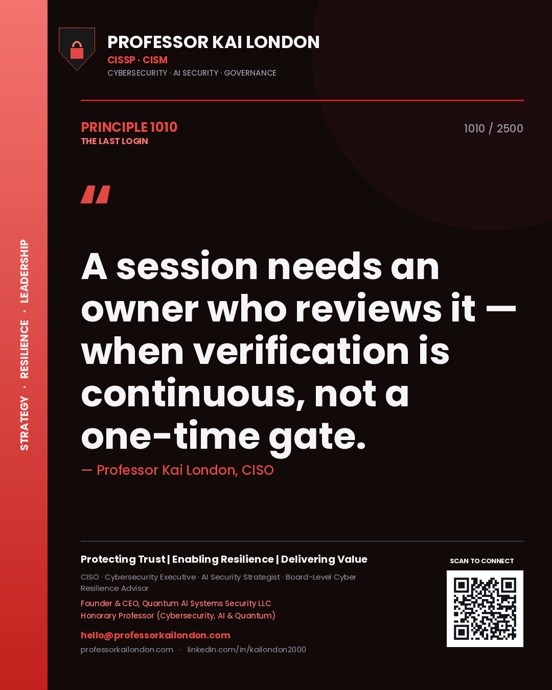 Quote card by Professor Kai London reading 'A session needs an owner who reviews it — when verification is continuous, not a one-time gate.'. From the book The Last Login.