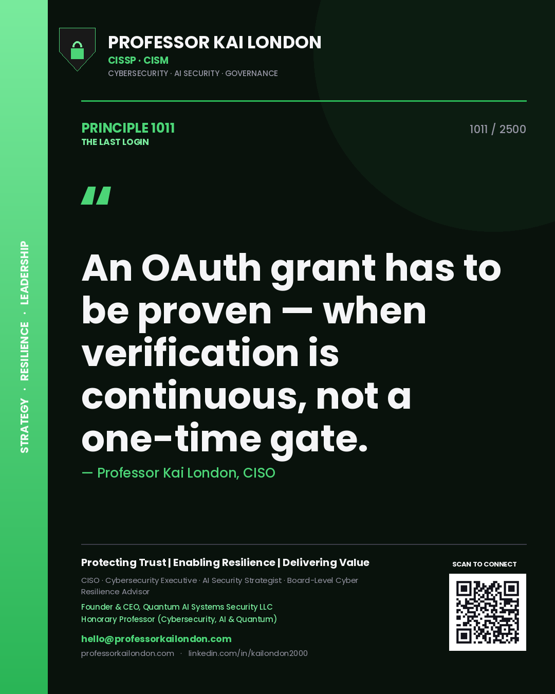 Professor Kai London principle 1011: An OAuth grant has to be proven — when verification is continuous, not a one-time gate.