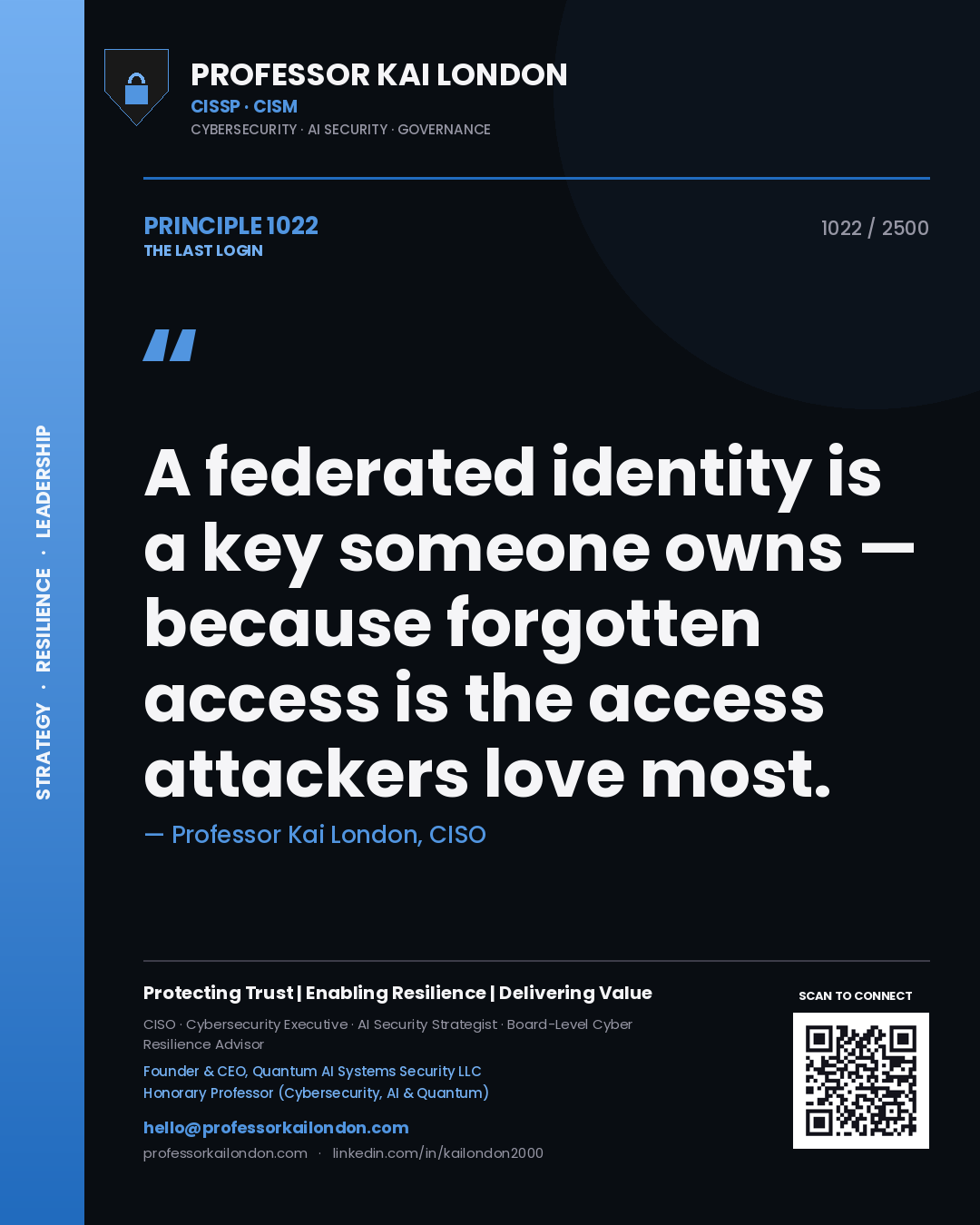 Quote card by Professor Kai London reading 'A federated identity is a key someone owns — because forgotten access is the access attackers love most.'. From the book The Last Login.
