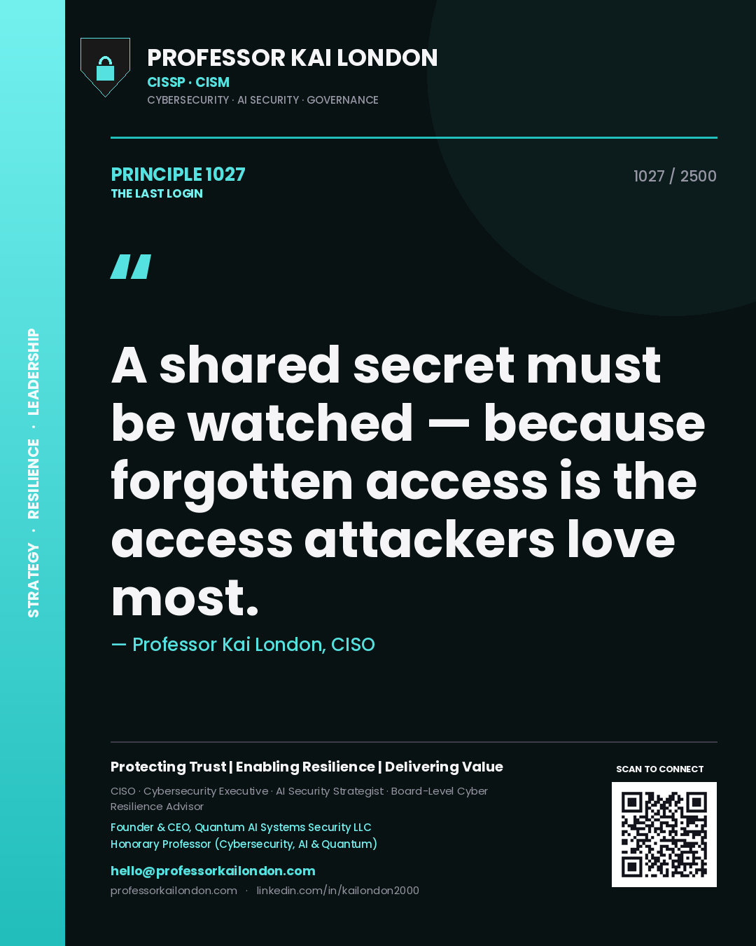 Quote card by Professor Kai London reading 'A shared secret must be watched — because forgotten access is the access attackers love most.'. From the book The Last Login.