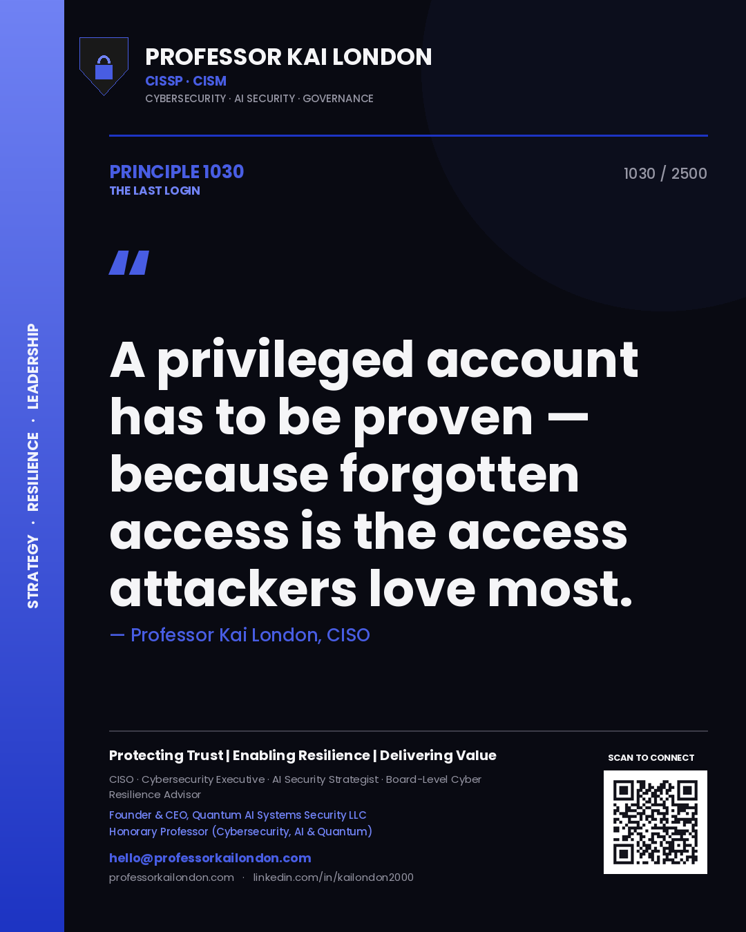 Quote card by Professor Kai London reading 'A privileged account has to be proven — because forgotten access is the access attackers love most.'. From the book The Last Login.