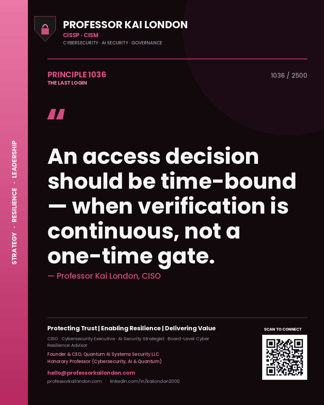 Professor Kai London principle 1036: An access decision should be time-bound — when verification is continuous, not a one-time gate.