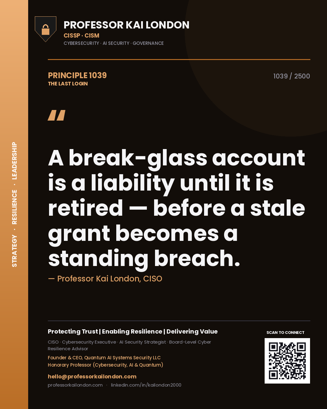 Quote card by Professor Kai London reading 'A break-glass account is a liability until it is retired — before a stale grant becomes a standing breach.'. From the book The Last Login.