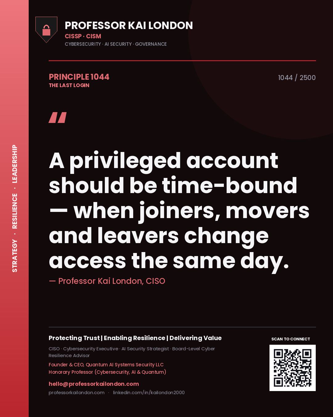 Quote card by Professor Kai London reading 'A privileged account should be time-bound — when joiners, movers and leavers change access the same day.'. From the book The Last Login.