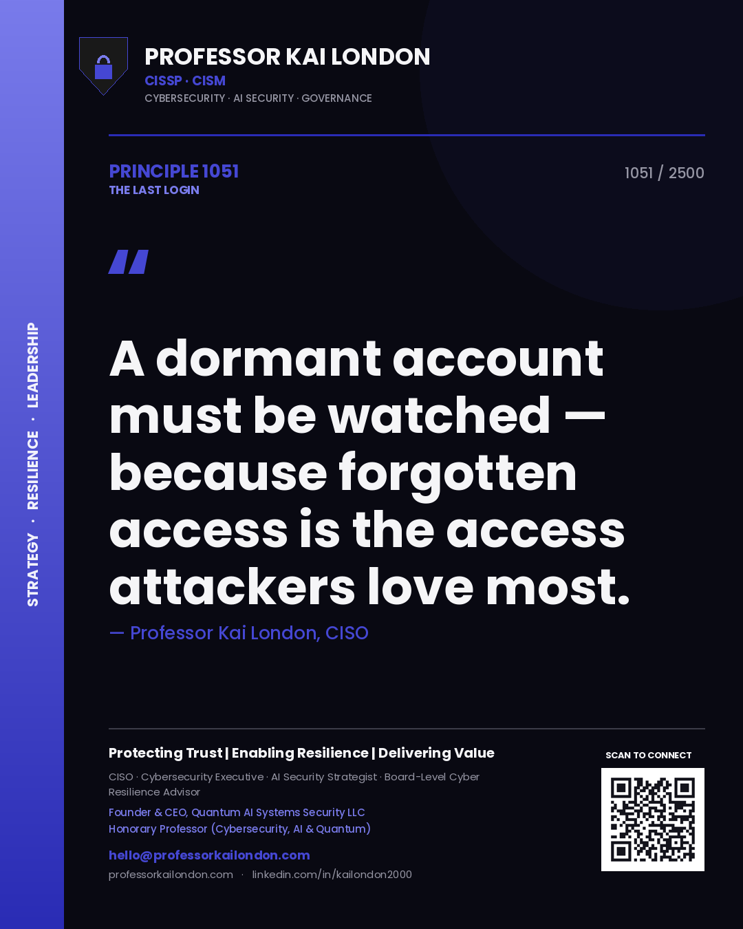 Quote card by Professor Kai London reading 'A dormant account must be watched — because forgotten access is the access attackers love most.'. From the book The Last Login.