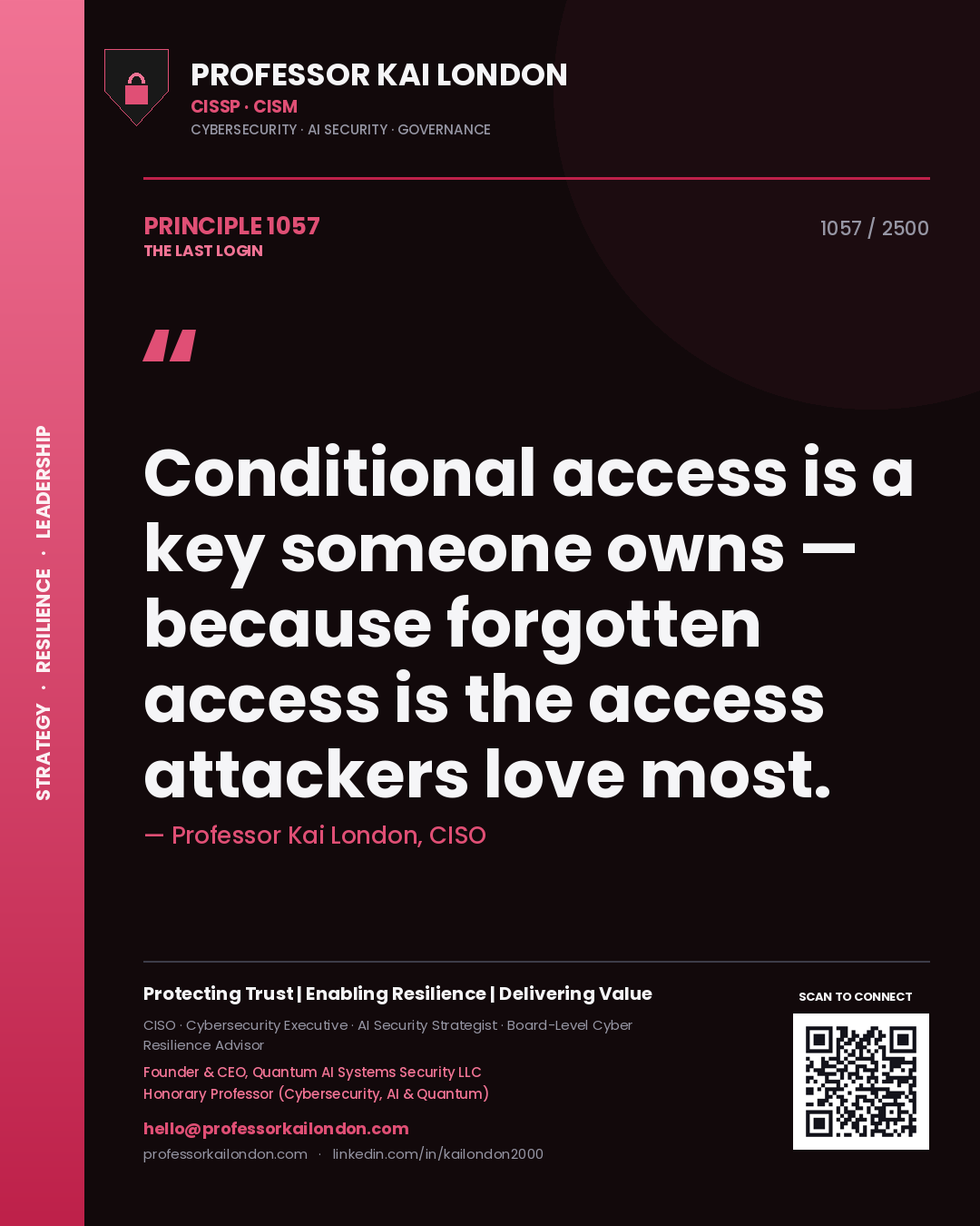 Quote card by Professor Kai London reading 'Conditional access is a key someone owns — because forgotten access is the access attackers love most.'. From the book The Last Login.