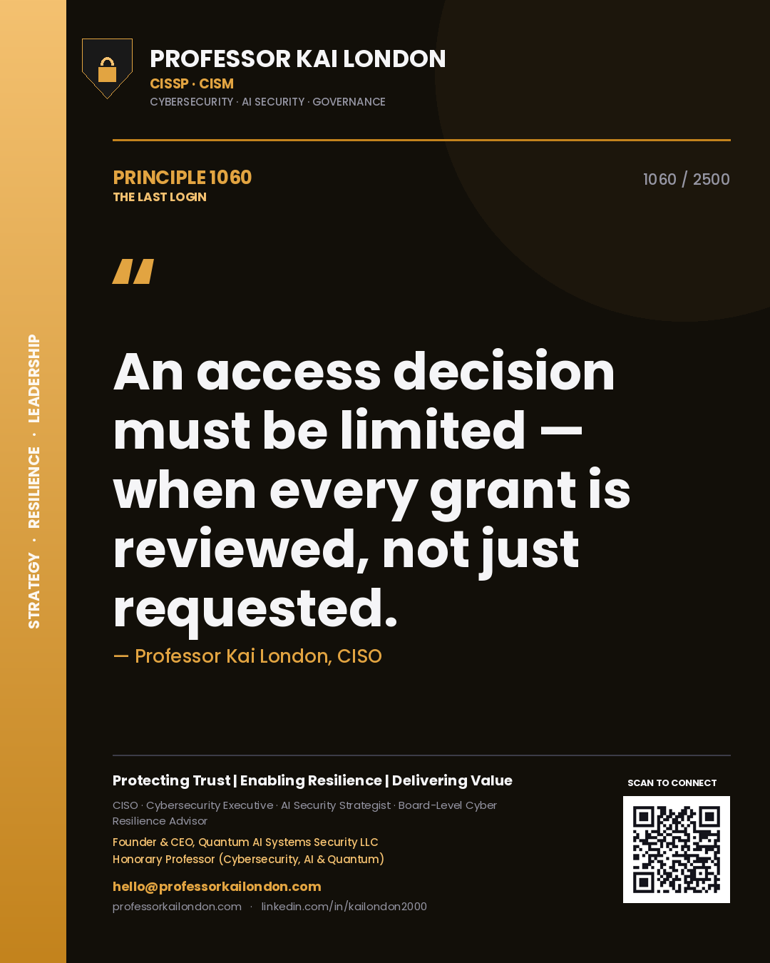 Quote card by Professor Kai London reading 'An access decision must be limited — when every grant is reviewed, not just requested.'. From the book The Last Login.