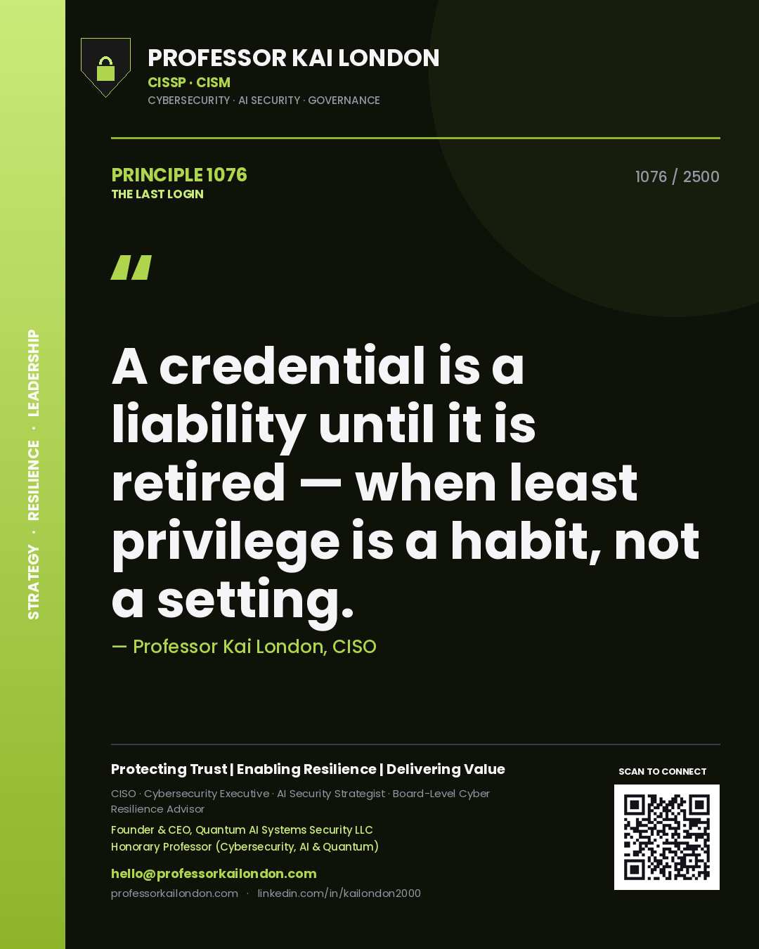 Professor Kai London principle 1076: A credential is a liability until it is retired — when least privilege is a habit, not a setting.
