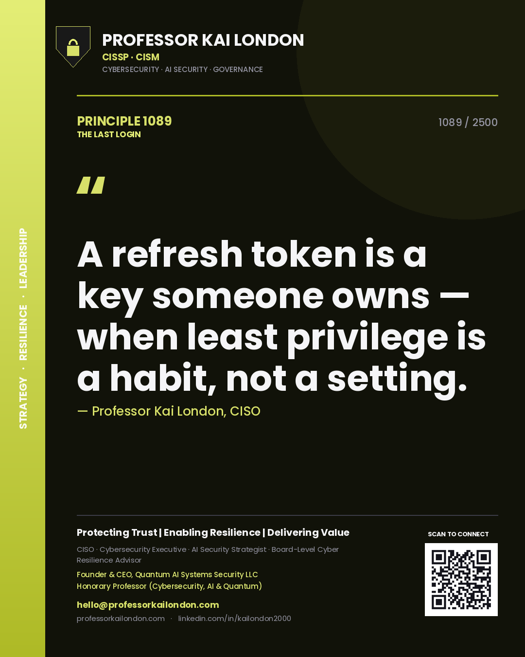 Quote card by Professor Kai London reading 'A refresh token is a key someone owns — when least privilege is a habit, not a setting.'. From the book The Last Login.