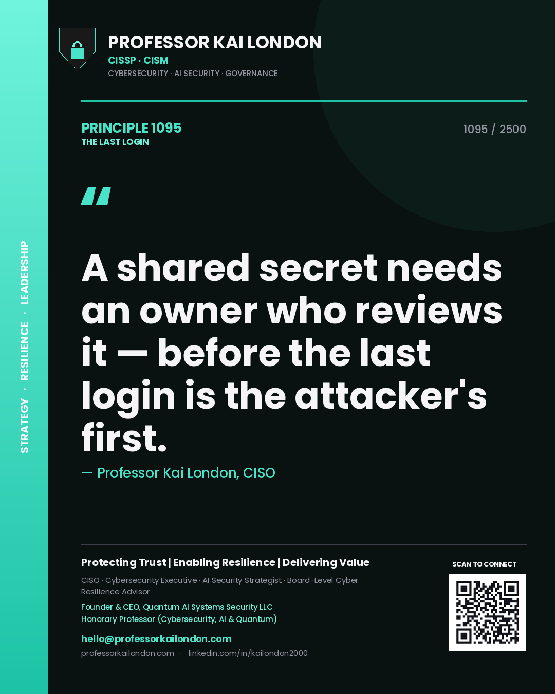 Quote card by Professor Kai London reading 'A shared secret needs an owner who reviews it — before the last login is the attacker's first.'. From the book The Last Login.