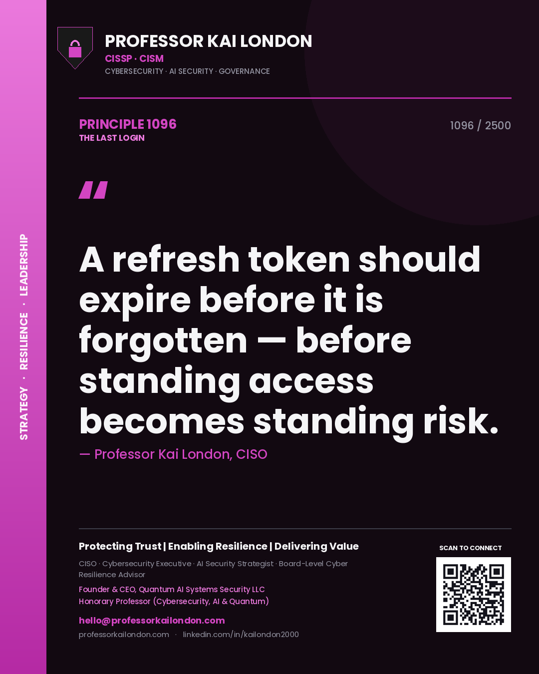 Quote card by Professor Kai London reading 'A refresh token should expire before it is forgotten — before standing access becomes standing risk.'. From the book The Last Login.