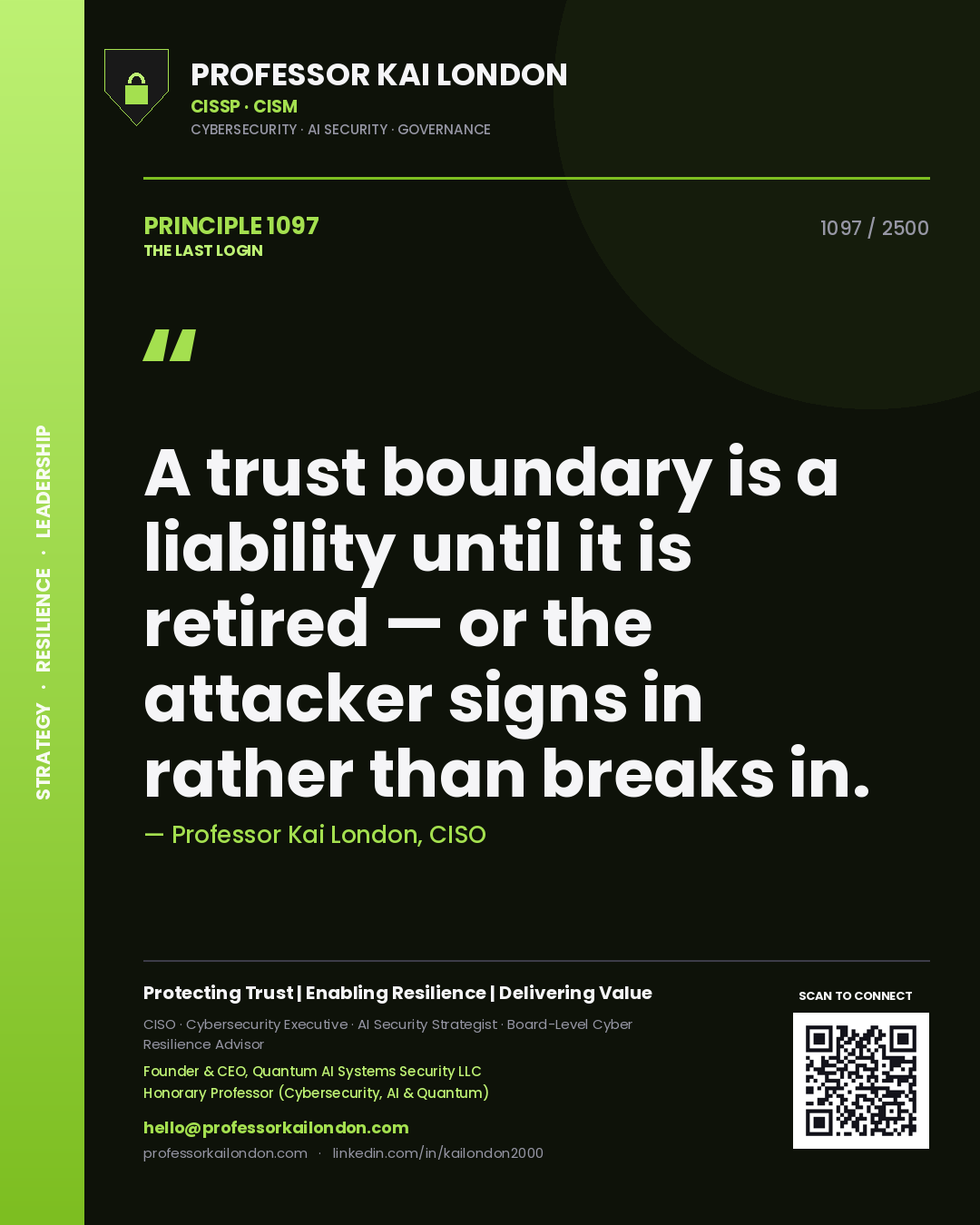 Quote card by Professor Kai London reading 'A trust boundary is a liability until it is retired — or the attacker signs in rather than breaks in.'. From the book The Last Login.