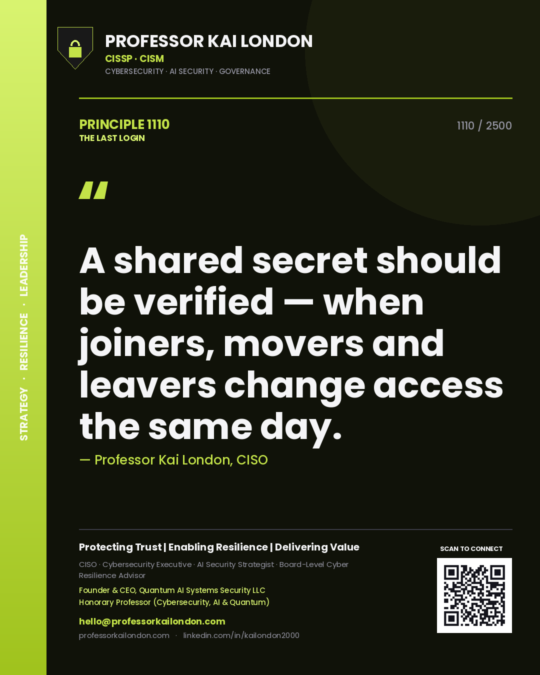 Professor Kai London principle 1110: A shared secret should be verified — when joiners, movers and leavers change access the same day.