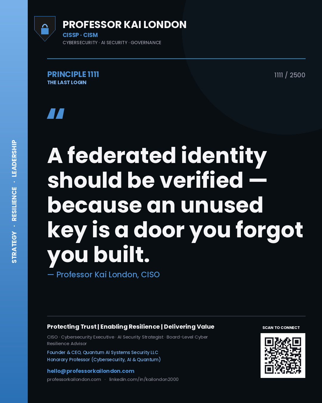 Quote card by Professor Kai London reading 'A federated identity should be verified — because an unused key is a door you forgot you built.'. From the book The Last Login.