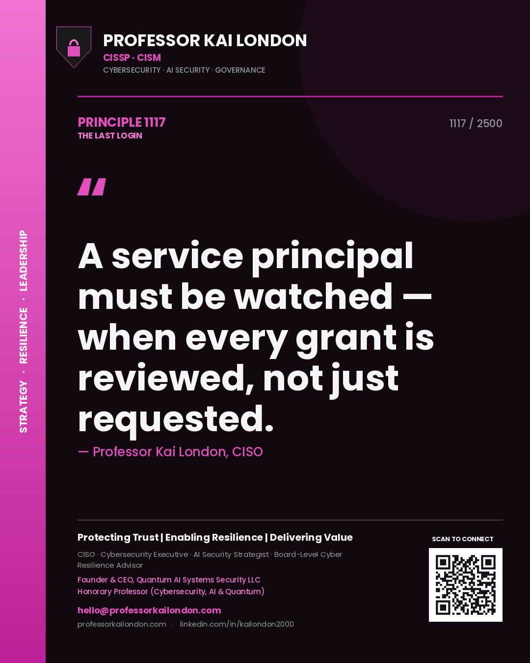 Quote card by Professor Kai London reading 'A service principal must be watched — when every grant is reviewed, not just requested.'. From the book The Last Login.