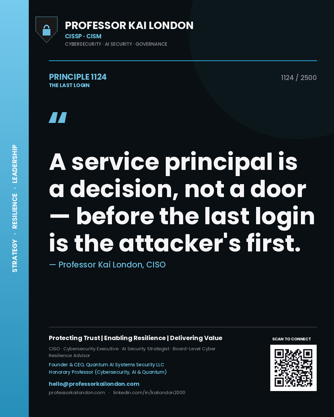 Quote card by Professor Kai London reading 'A service principal is a decision, not a door — before the last login is the attacker's first.'. From the book The Last Login.