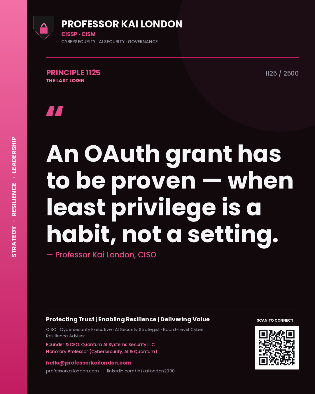 Quote card by Professor Kai London reading 'An OAuth grant has to be proven — when least privilege is a habit, not a setting.'. From the book The Last Login.