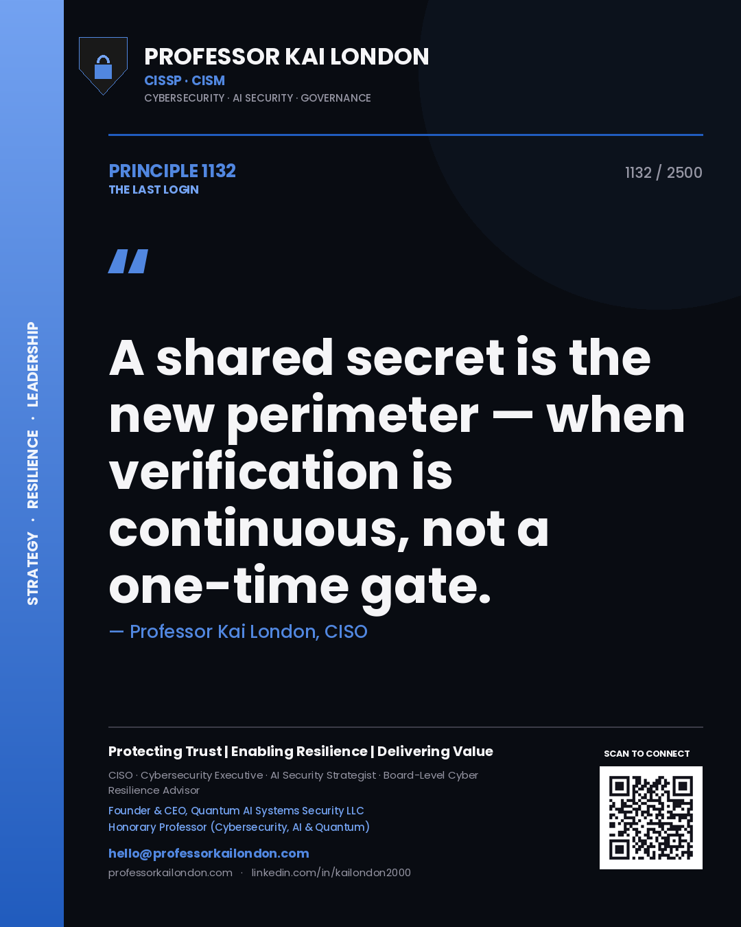 Professor Kai London principle 1132: A shared secret is the new perimeter — when verification is continuous, not a one-time gate.