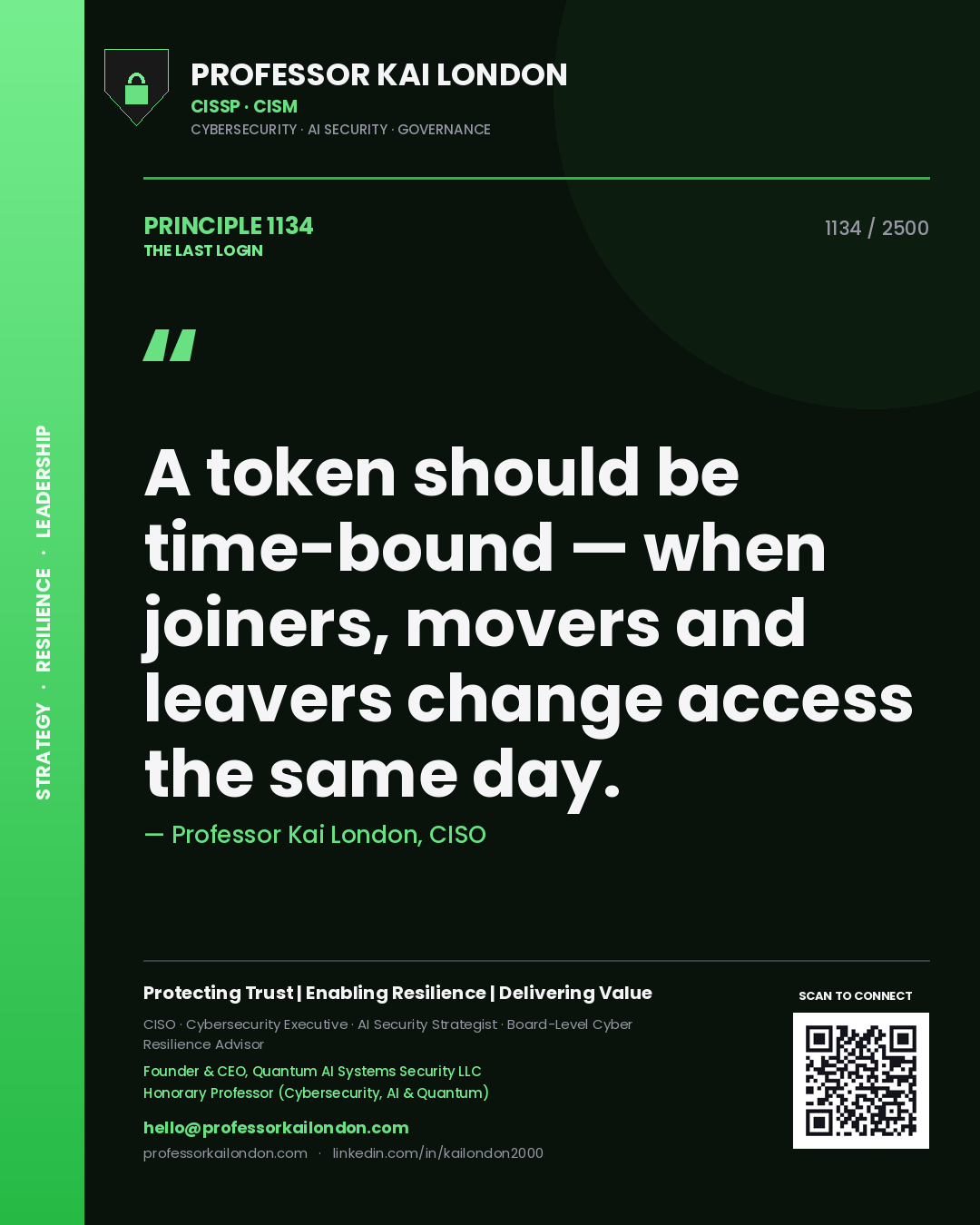 Quote card by Professor Kai London reading 'A token should be time-bound — when joiners, movers and leavers change access the same day.'. From the book The Last Login.