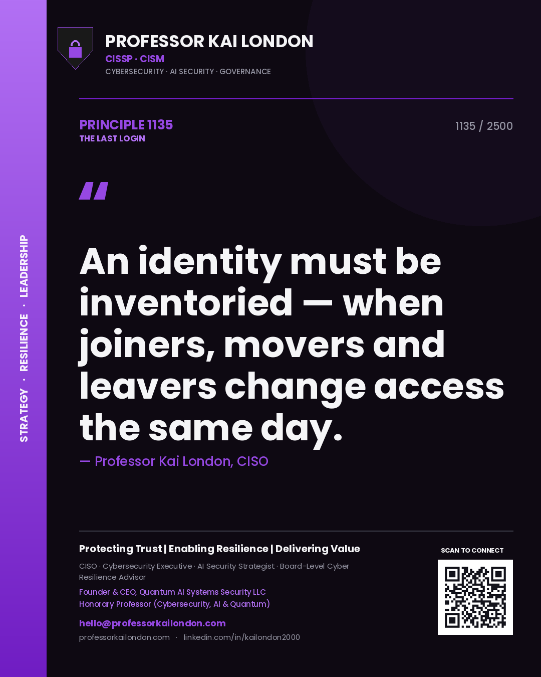 Professor Kai London principle 1135: An identity must be inventoried — when joiners, movers and leavers change access the same day.