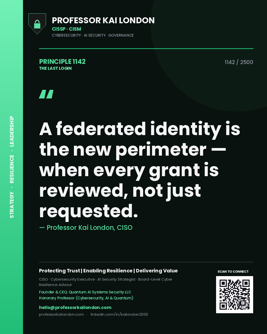 Quote card by Professor Kai London reading 'A federated identity is the new perimeter — when every grant is reviewed, not just requested.'. From the book The Last Login.
