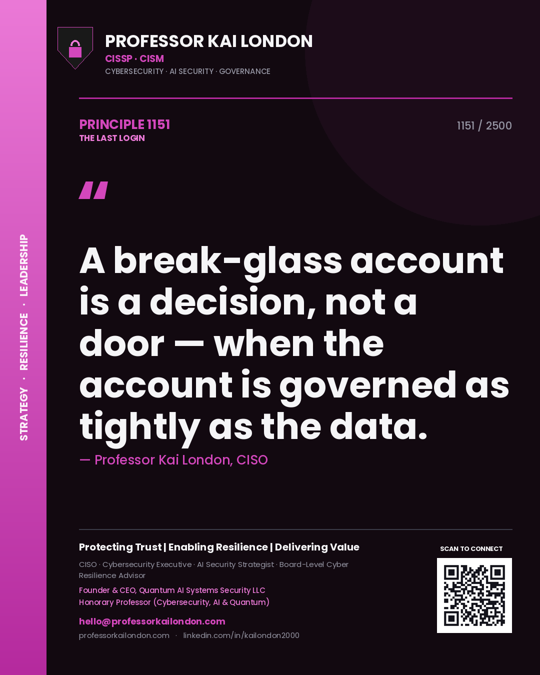 Quote card by Professor Kai London reading 'A break-glass account is a decision, not a door — when the account is governed as tightly as the data.'. From the book The Last Login.