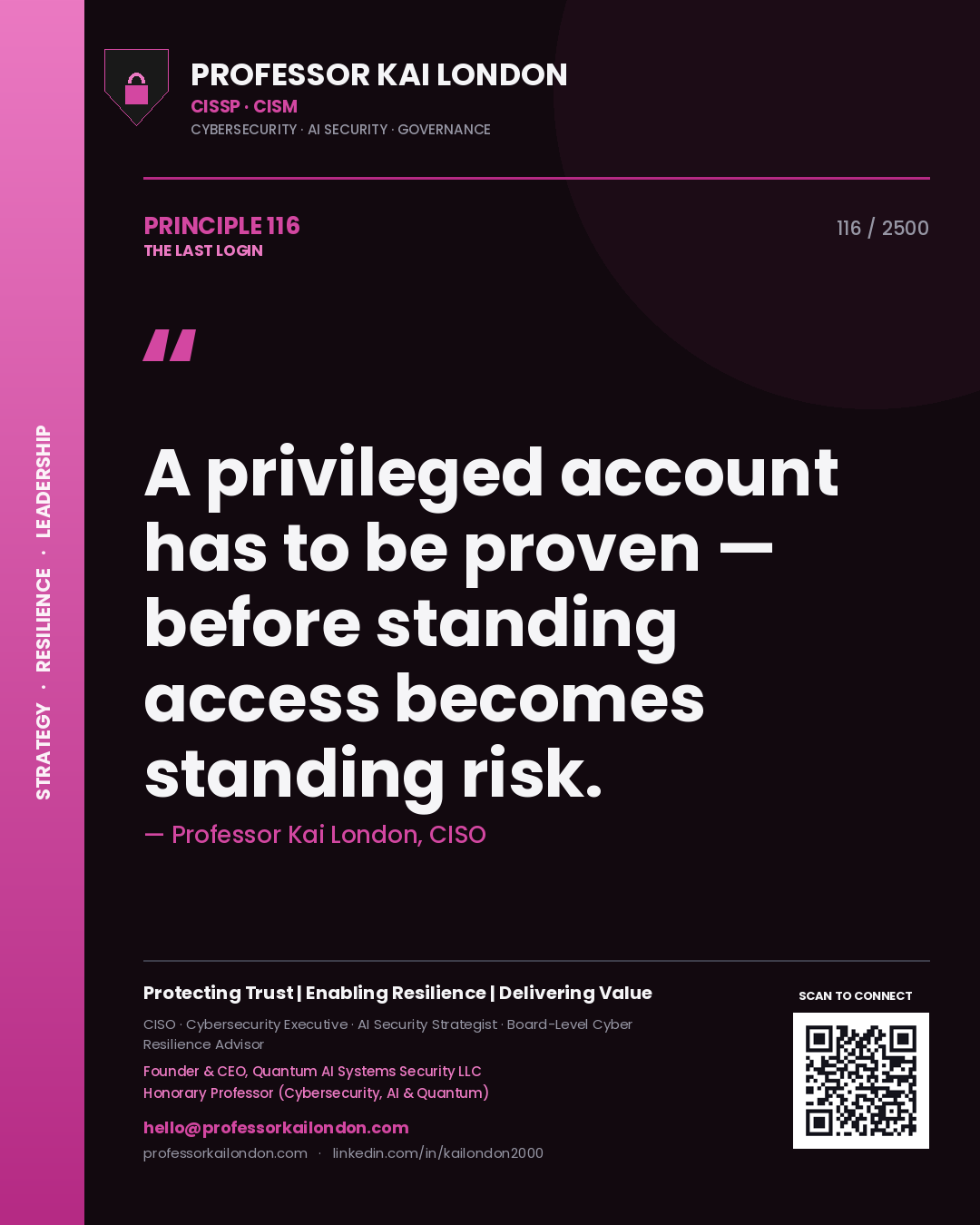 Professor Kai London principle 116: A privileged account has to be proven — before standing access becomes standing risk.