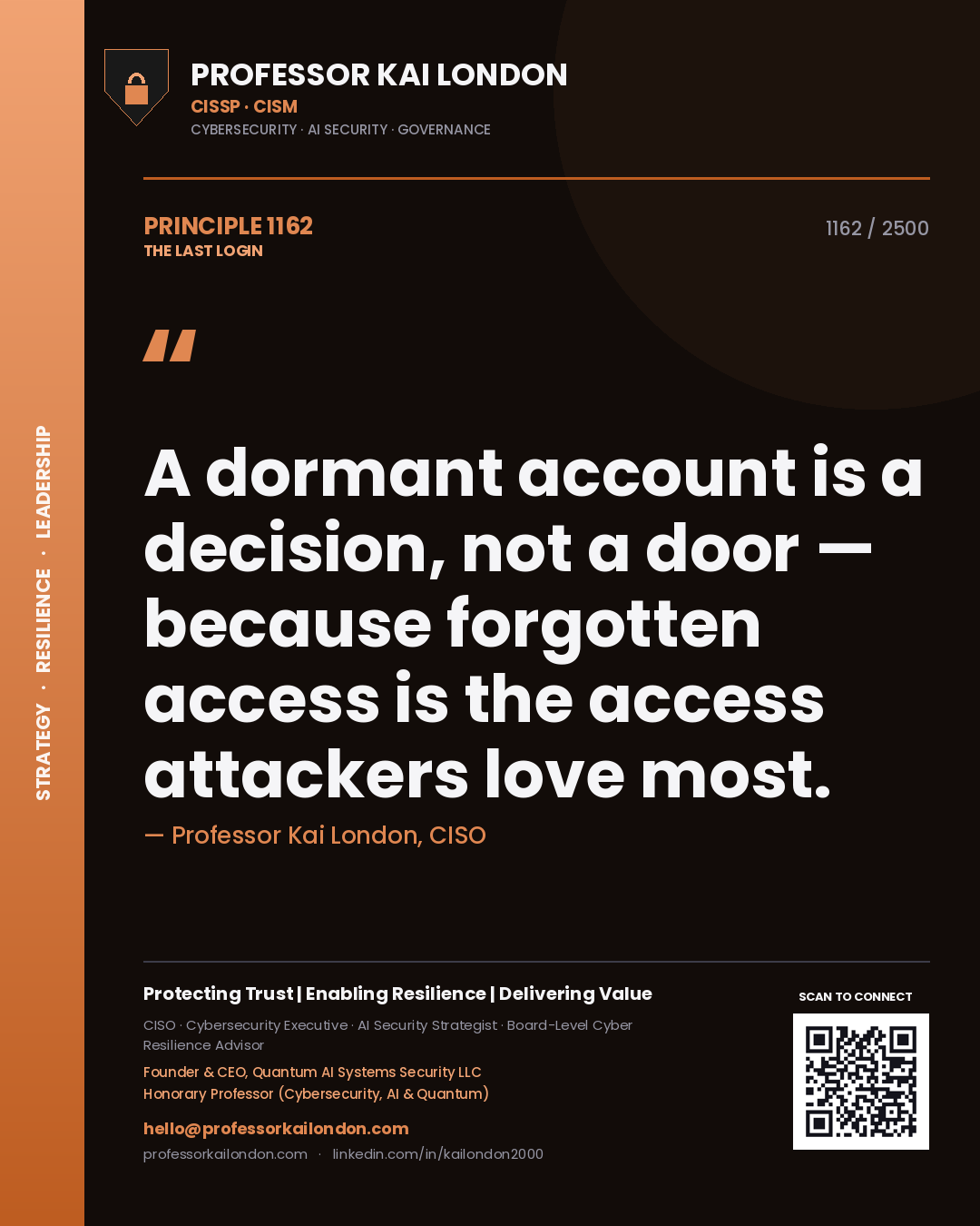 Professor Kai London principle 1162: A dormant account is a decision, not a door — because forgotten access is the access attackers love most.