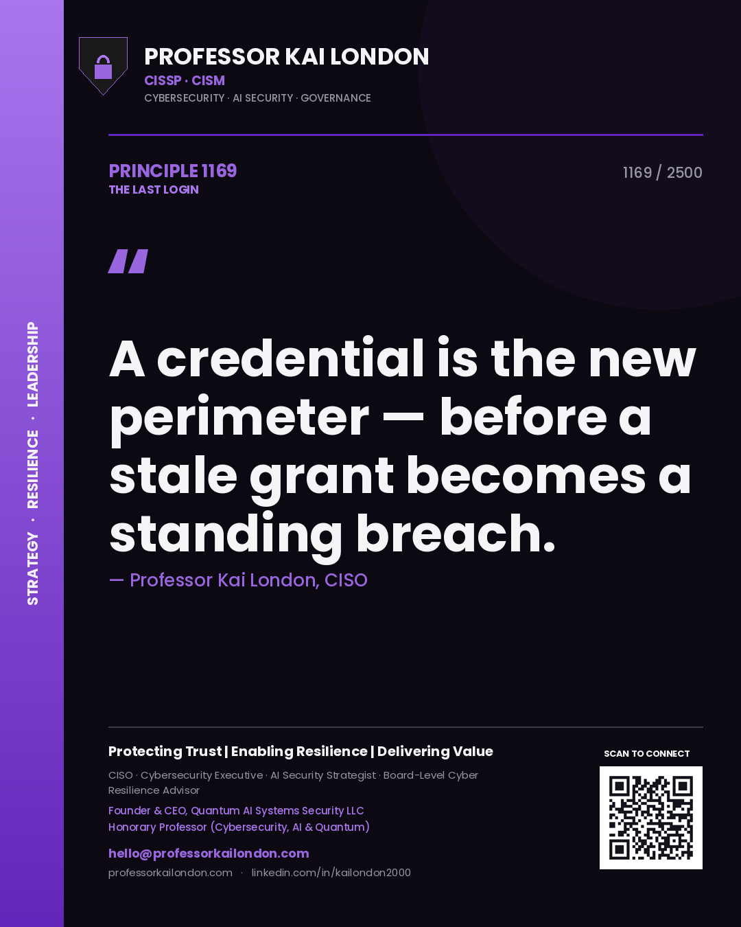 Quote card by Professor Kai London reading 'A credential is the new perimeter — before a stale grant becomes a standing breach.'. From the book The Last Login.