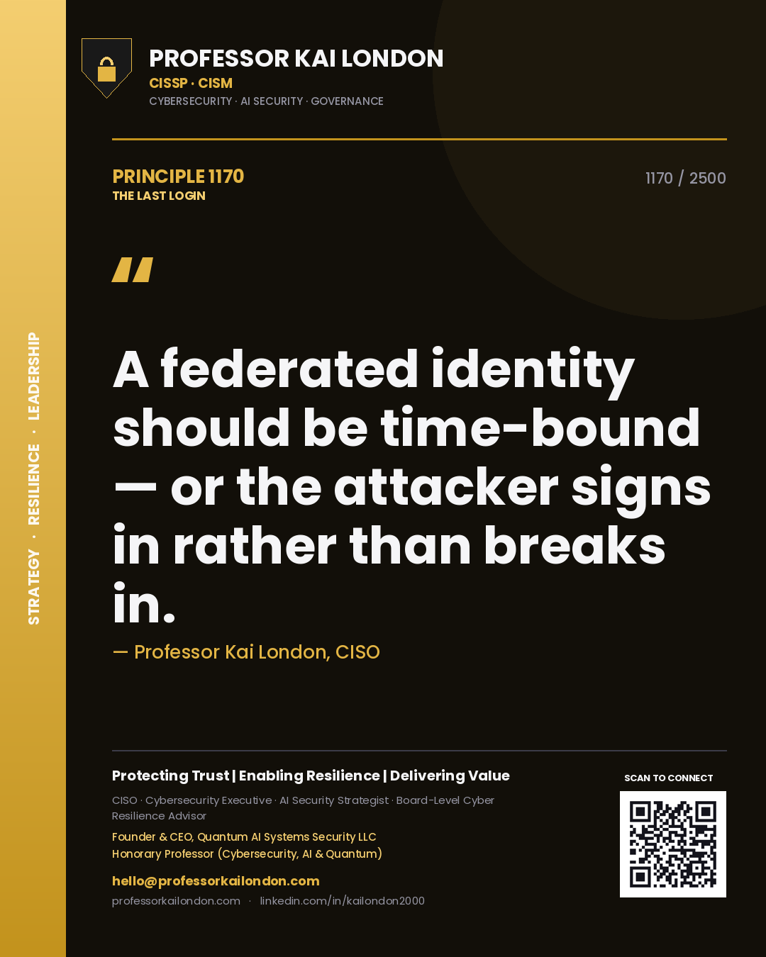 Quote card by Professor Kai London reading 'A federated identity should be time-bound — or the attacker signs in rather than breaks in.'. From the book The Last Login.