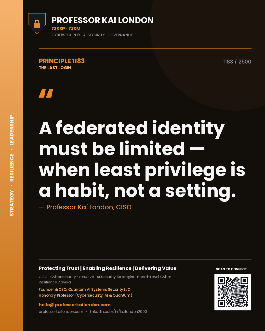 Quote card by Professor Kai London reading 'A federated identity must be limited — when least privilege is a habit, not a setting.'. From the book The Last Login.