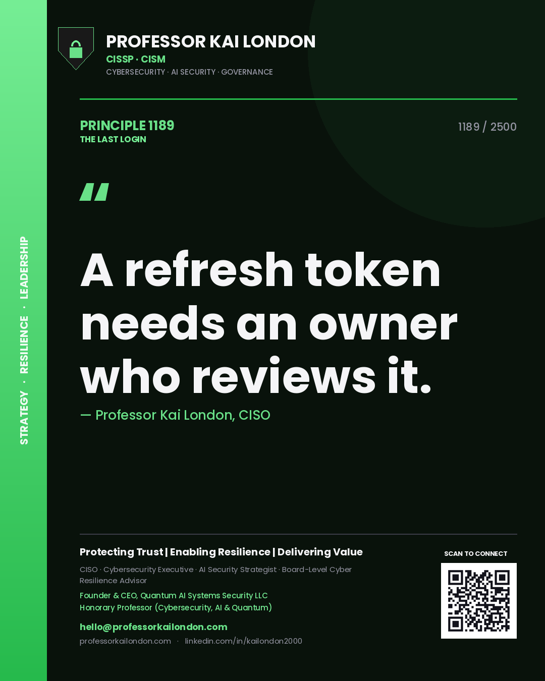 Quote card by Professor Kai London reading 'A refresh token needs an owner who reviews it.'. From the book The Last Login.
