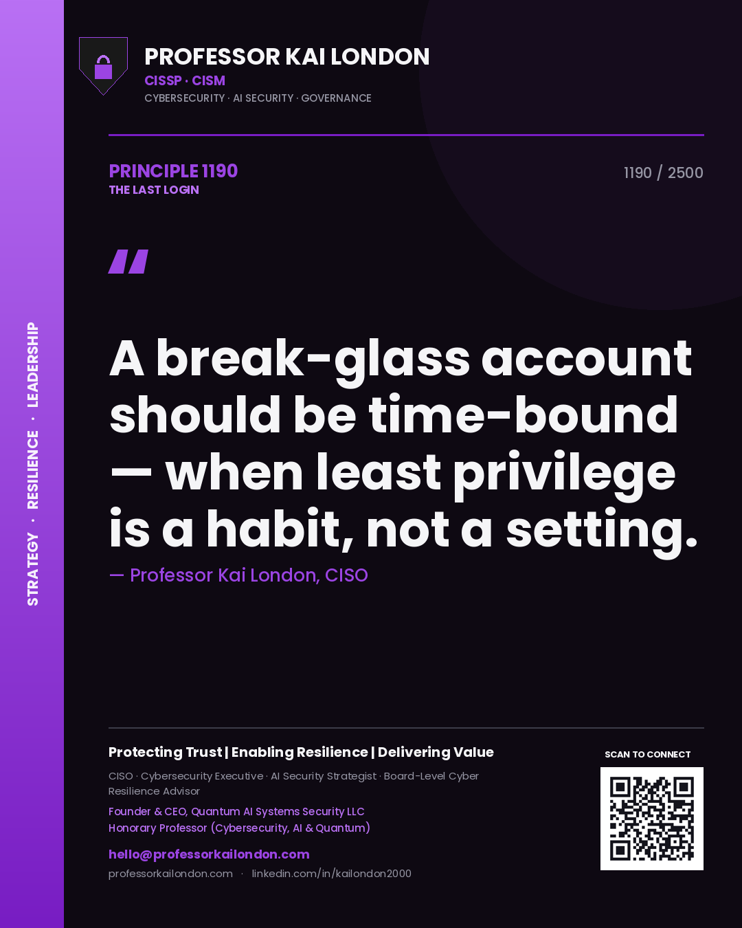 Quote card by Professor Kai London reading 'A break-glass account should be time-bound — when least privilege is a habit, not a setting.'. From the book The Last Login.