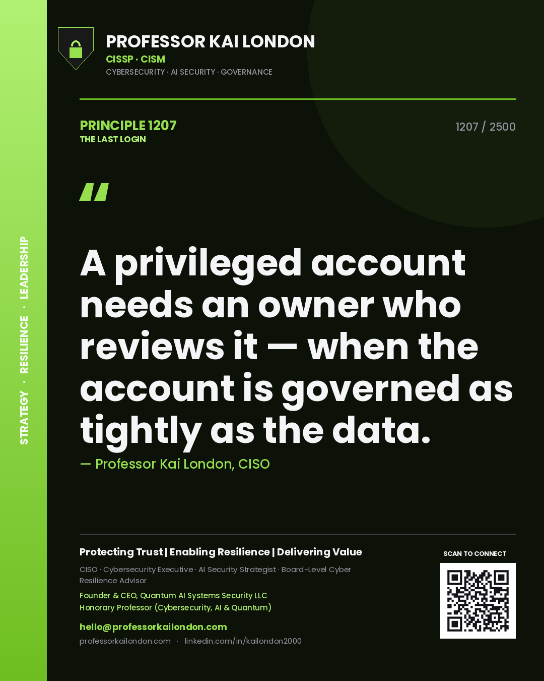 Professor Kai London principle 1207: A privileged account needs an owner who reviews it — when the account is governed as tightly as the data.