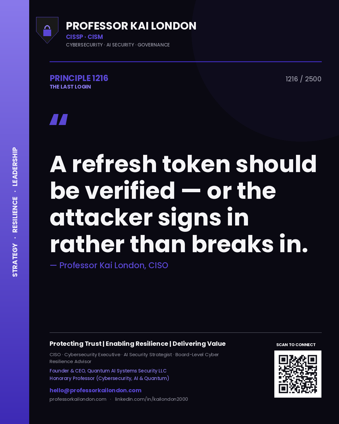 Professor Kai London principle 1216: A refresh token should be verified — or the attacker signs in rather than breaks in.