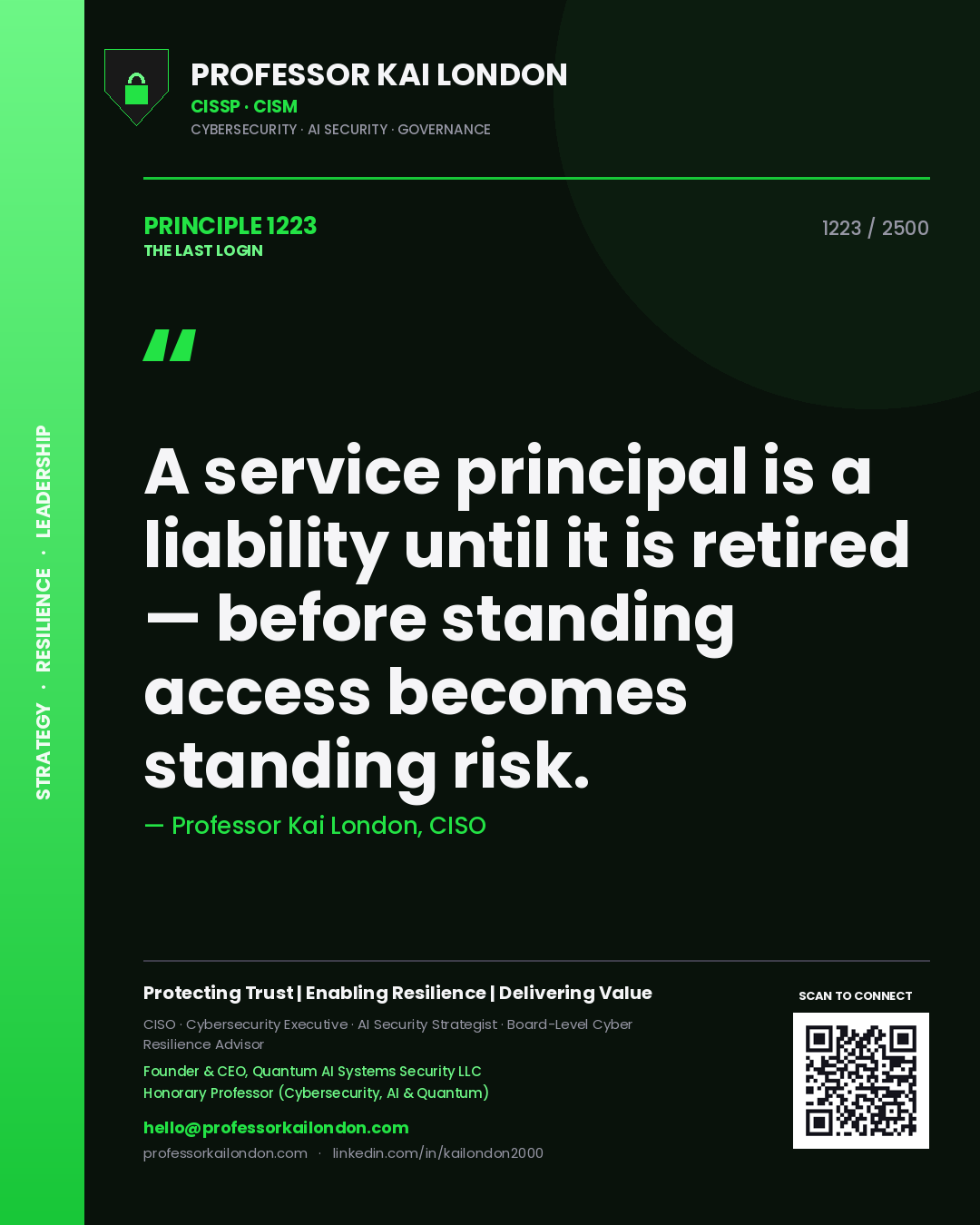 Professor Kai London principle 1223: A service principal is a liability until it is retired — before standing access becomes standing risk.