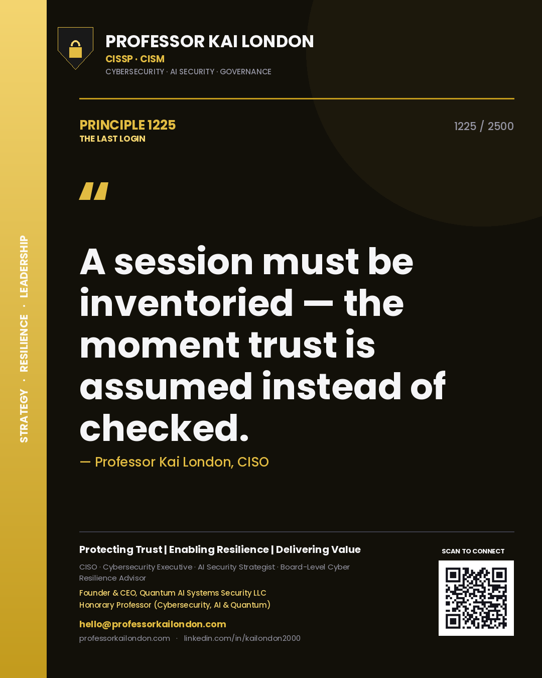 Professor Kai London principle 1225: A session must be inventoried — the moment trust is assumed instead of checked.