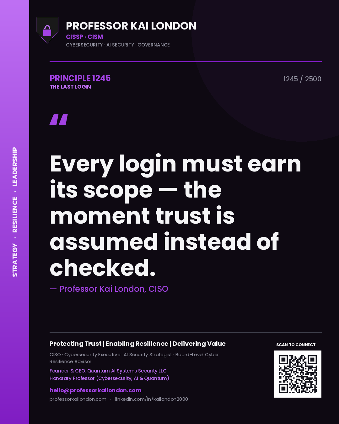 Professor Kai London principle 1245: Every login must earn its scope — the moment trust is assumed instead of checked.