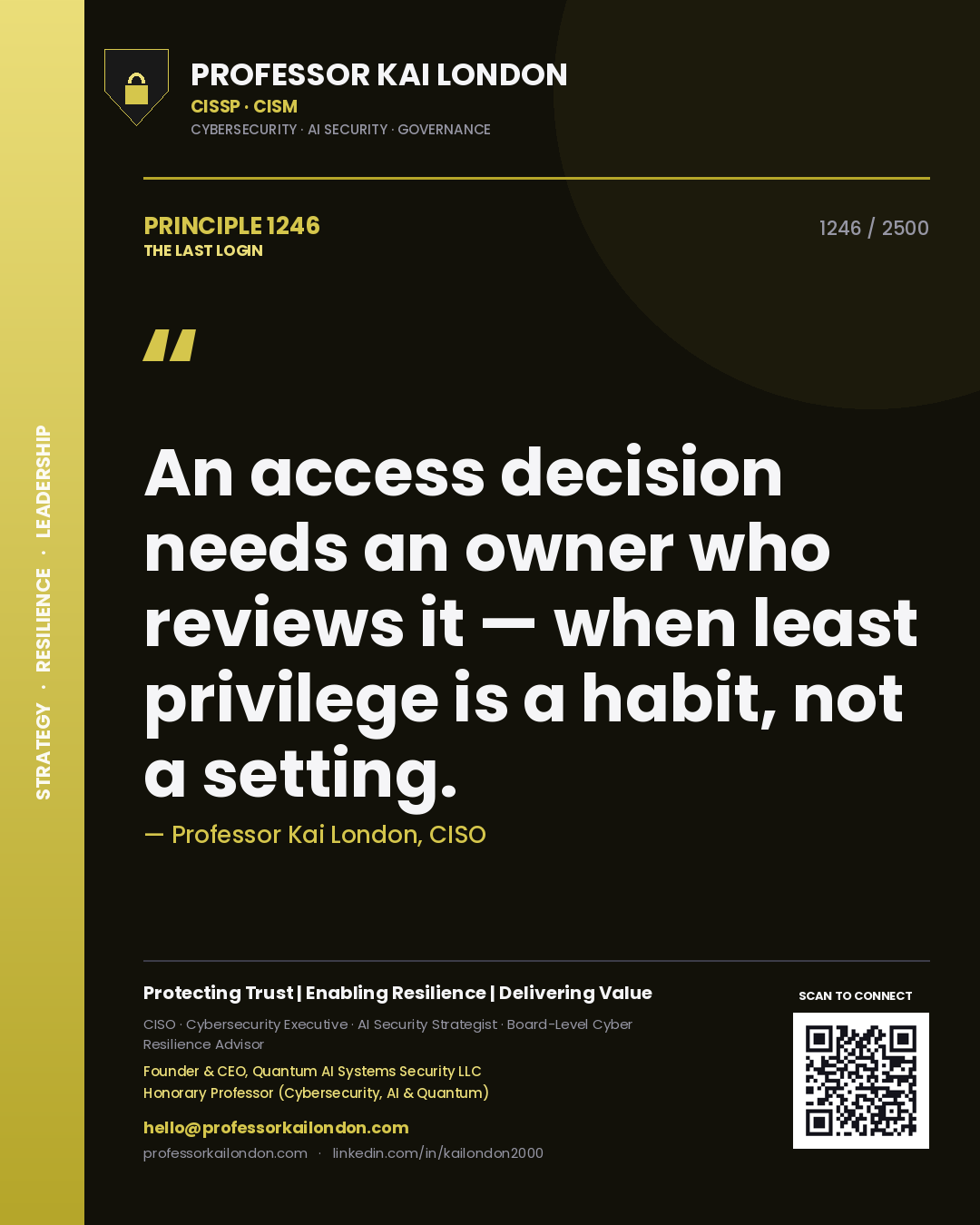 Professor Kai London principle 1246: An access decision needs an owner who reviews it — when least privilege is a habit, not a setting.