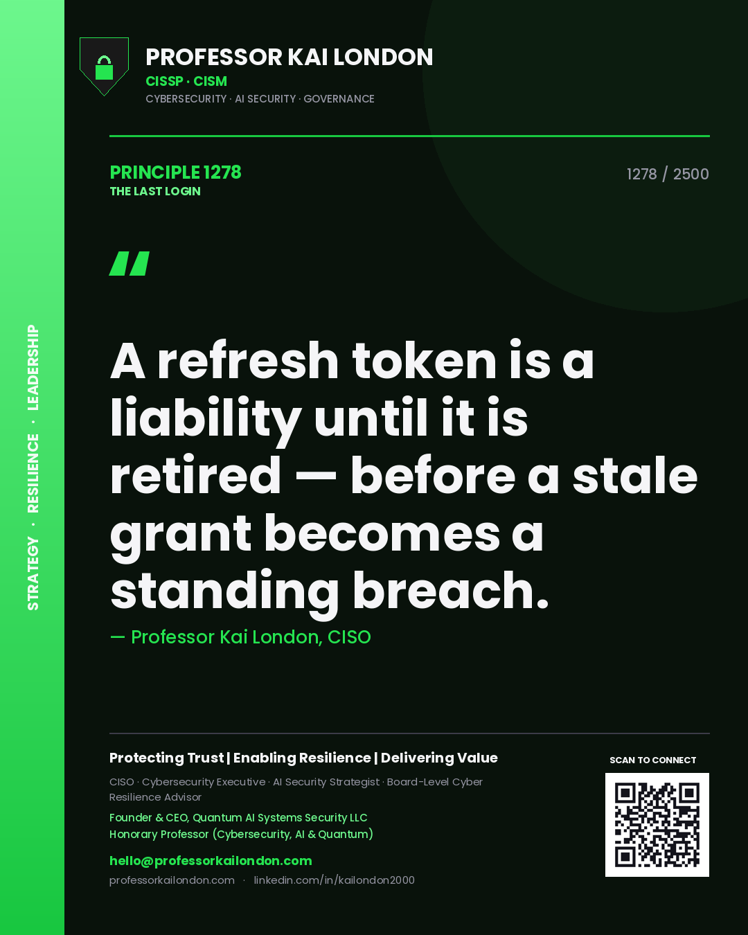 Professor Kai London principle 1278: A refresh token is a liability until it is retired — before a stale grant becomes a standing breach.