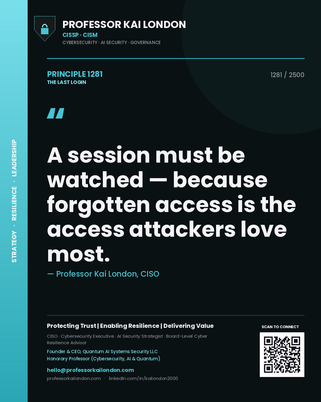 Professor Kai London principle 1281: A session must be watched — because forgotten access is the access attackers love most.