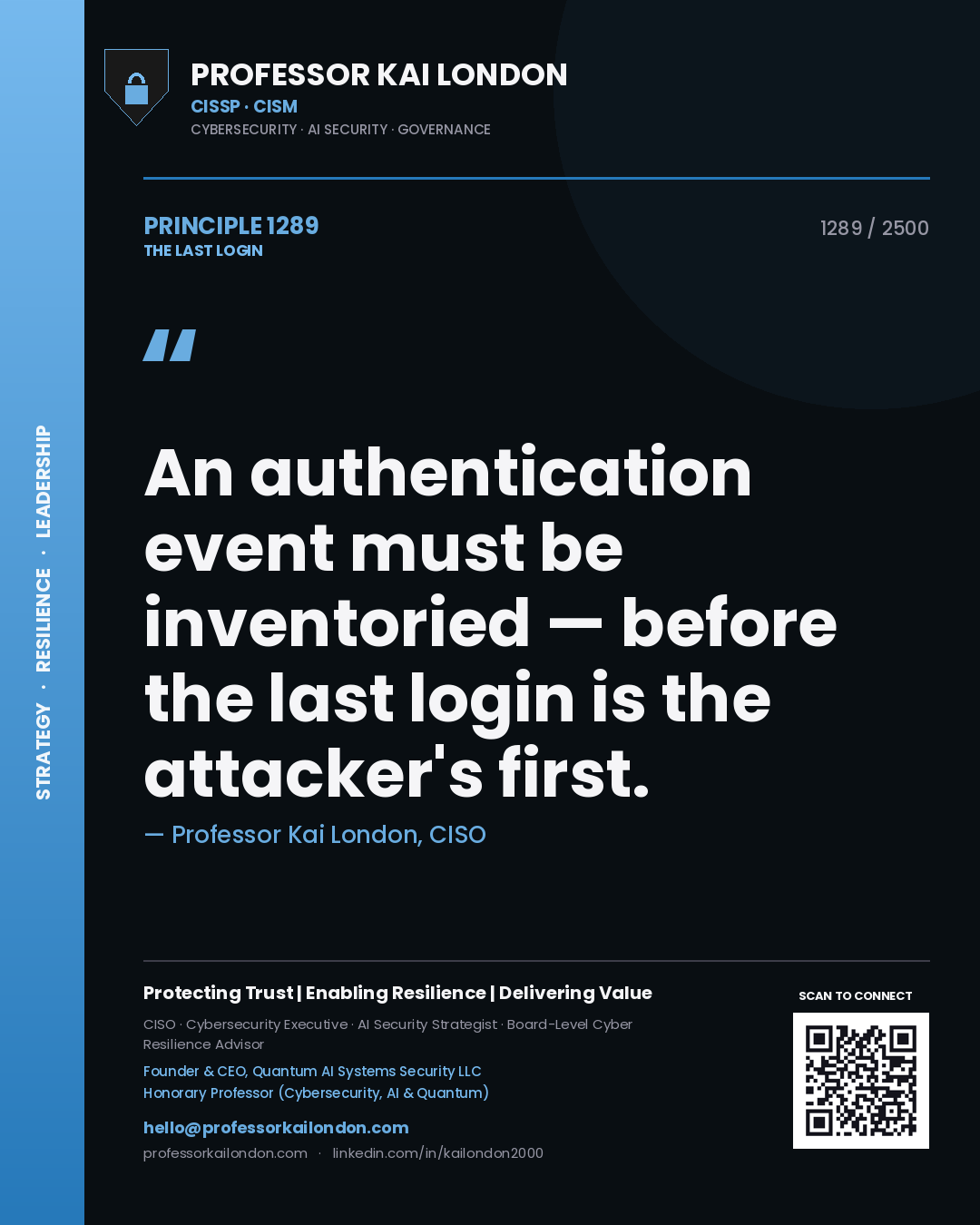 Professor Kai London principle 1289: An authentication event must be inventoried — before the last login is the attacker's first.