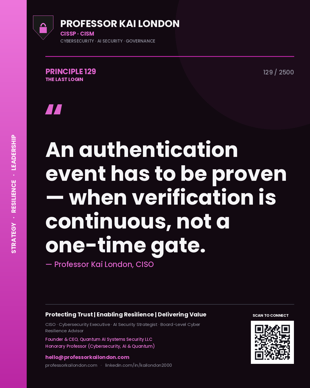 Professor Kai London principle 129: An authentication event has to be proven — when verification is continuous, not a one-time gate.