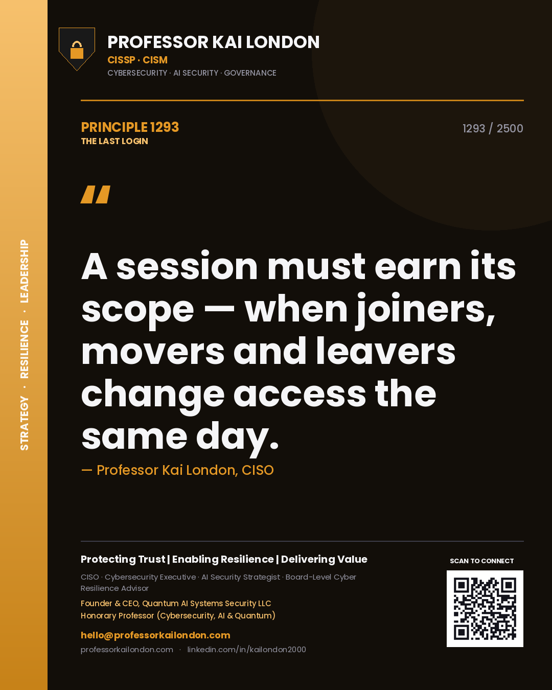 Professor Kai London principle 1293: A session must earn its scope — when joiners, movers and leavers change access the same day.
