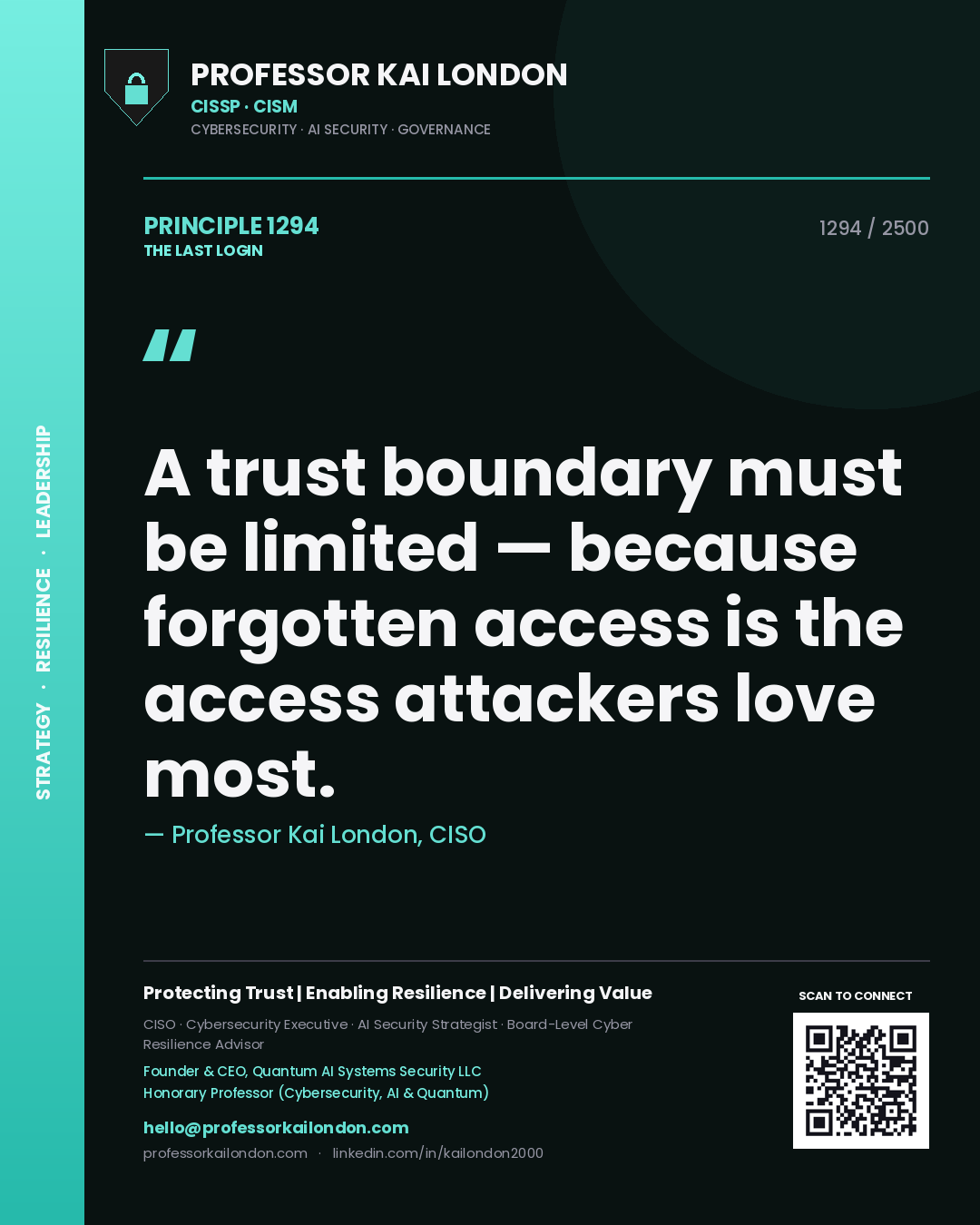 Professor Kai London principle 1294: A trust boundary must be limited — because forgotten access is the access attackers love most.